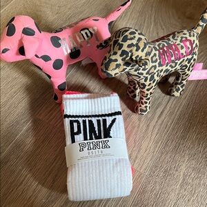 PINK White & Pink Crew Socks with Black Logo (2 pairs)